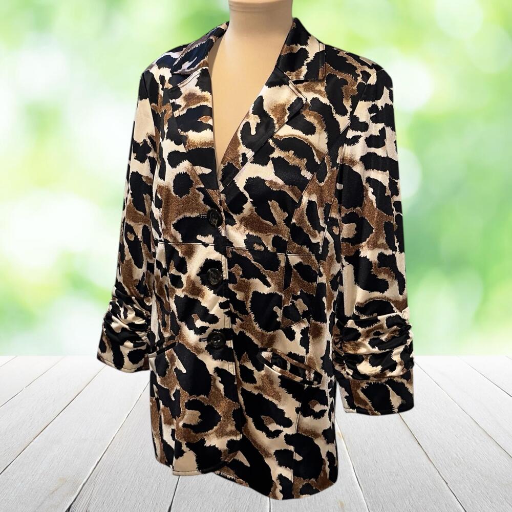PECK & PECK Leopard Print Jacket Animal Print Satin Ruched Sleeve Dressy Size 14